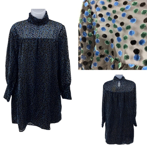 See U Soon | Black Velvet Dot Long Sleeve Dress with High Neck | Small New - Picture 1 of 10